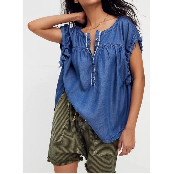 Free People Summer Love Chambray Tunic Top Size Large